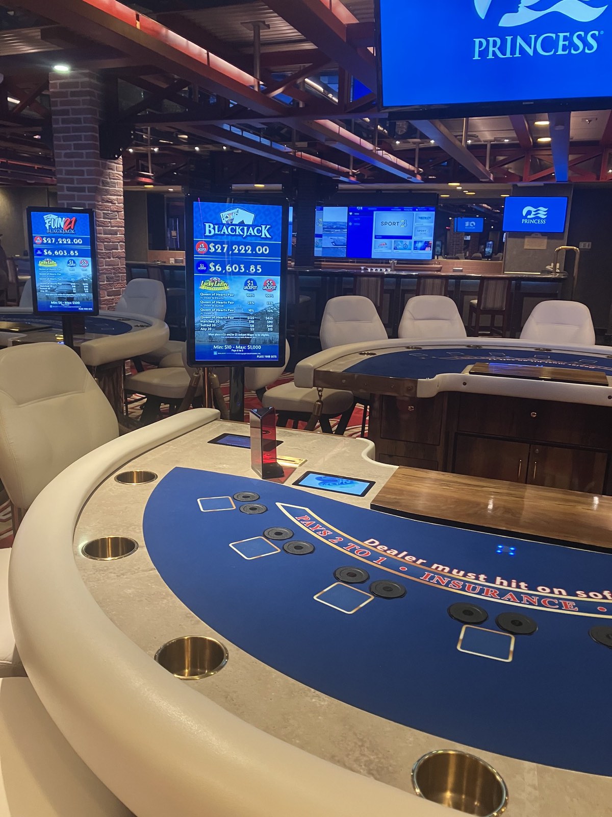 Blackjack table in the casino on Ruby Princess